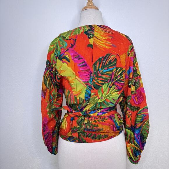 Farm Rio Womens Urgan Jungle Tie-Front Top Size M Colorful Tropical Resort Beach - Picture 12 of 16